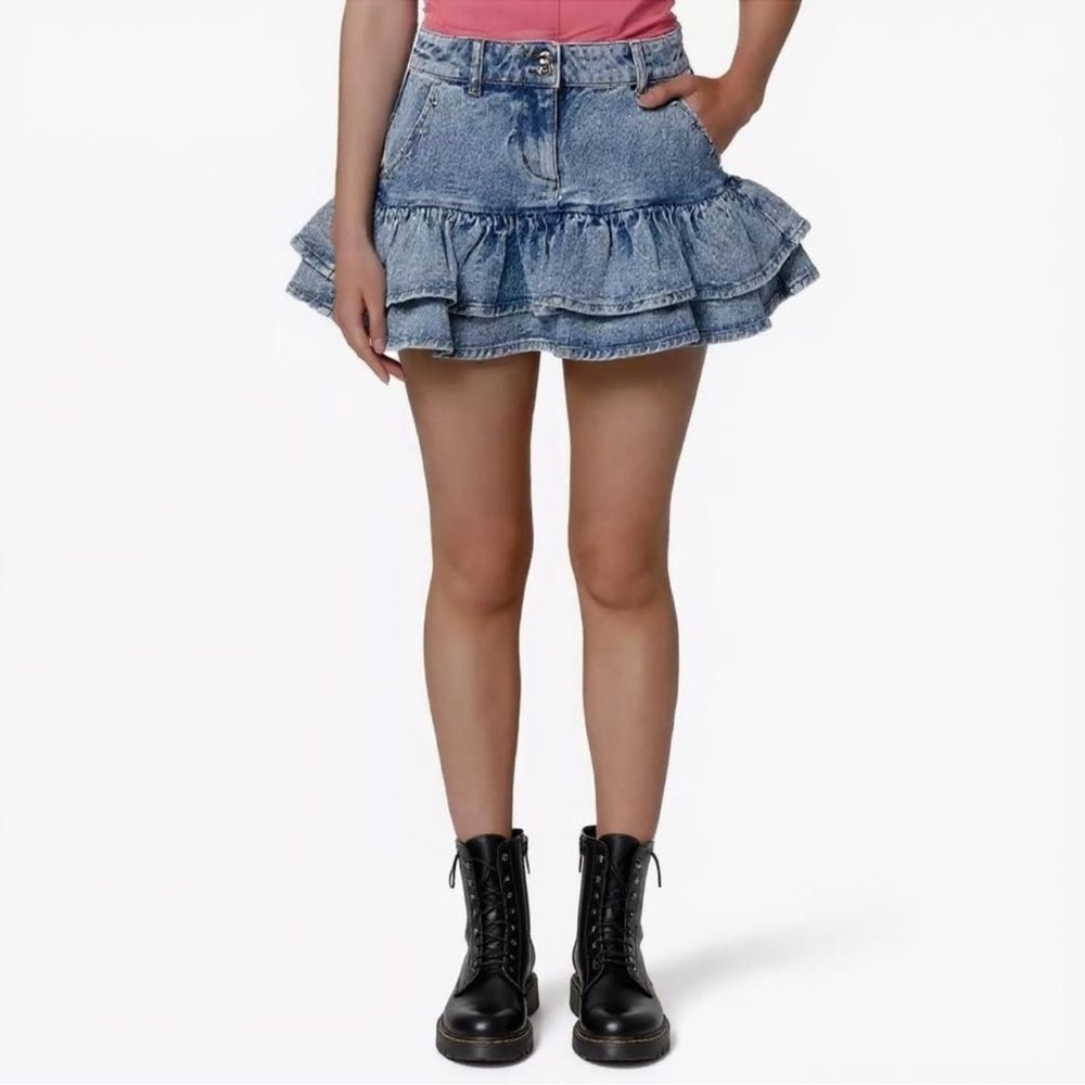 Denim Mini Skirt Ruffle Tiers Star Studded Skirt Juniors S